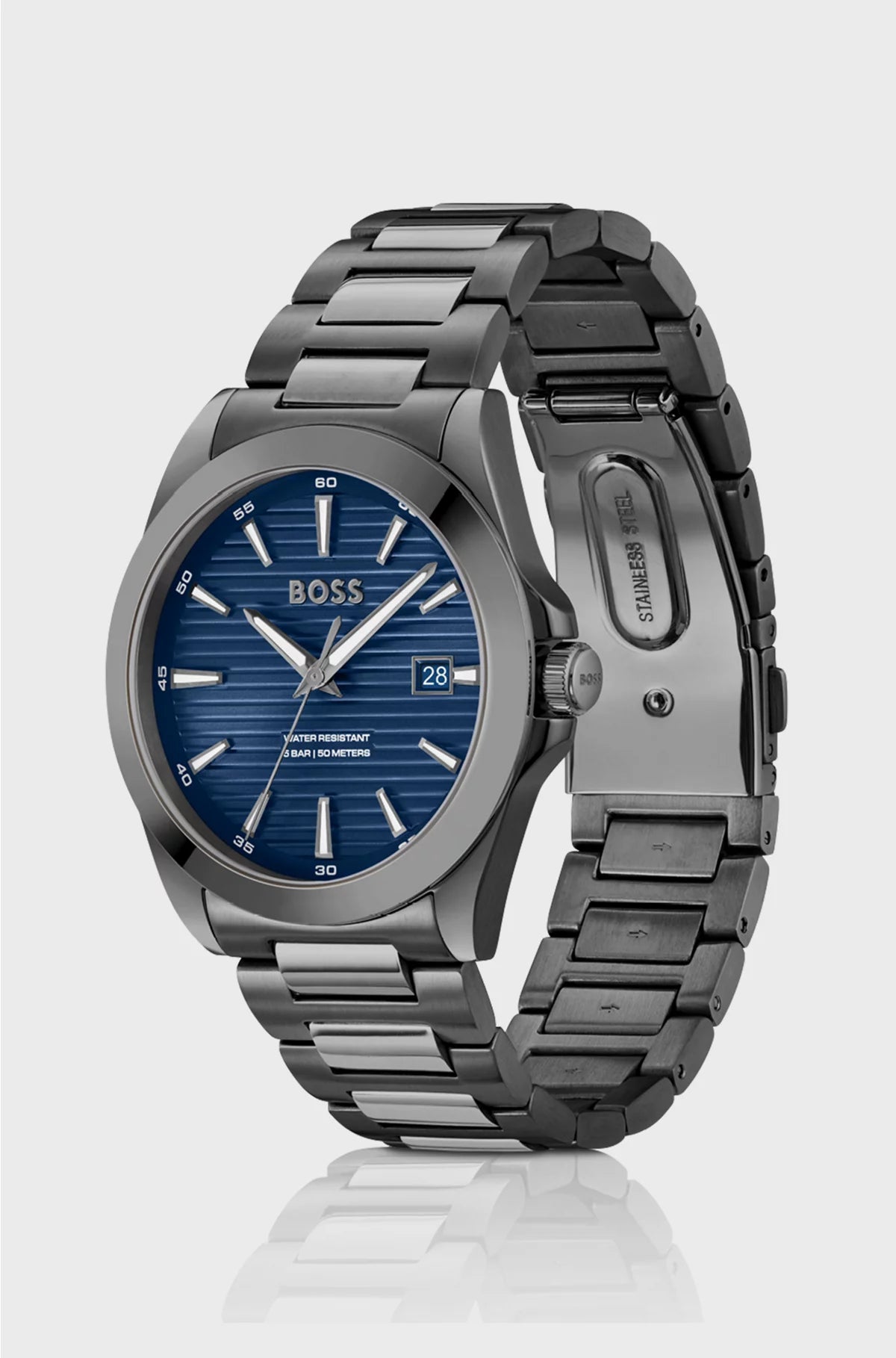GREY-PLATED WATCH WITH BLUE RIDGED DIAL