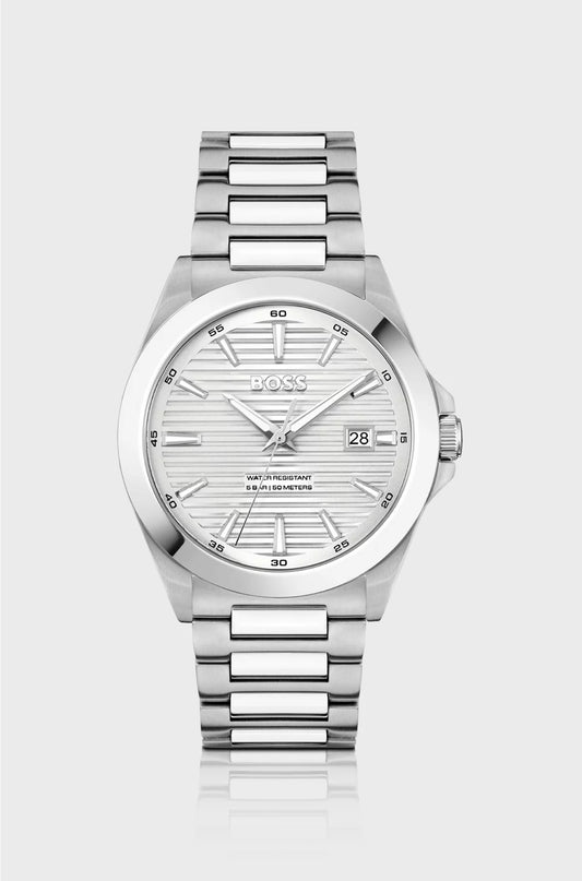 BRUSHED-AND-POLISHED STAINLESS-STEEL WATCH WITH GROOVED DIAL